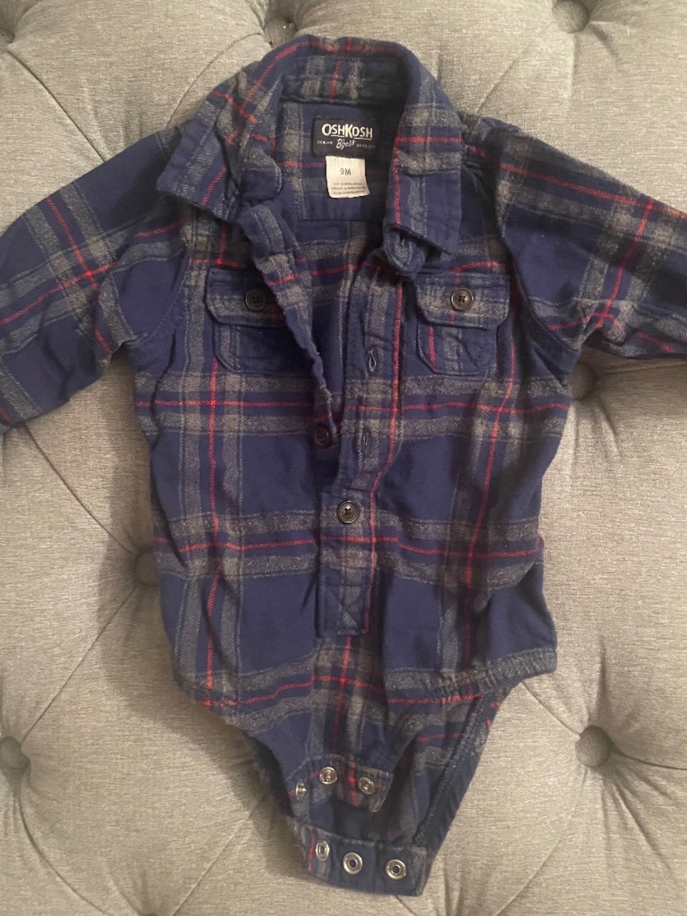 OshKosh B'gosh Baby Boy Plaid Flannel Bodysuit Shirt Navy 9M